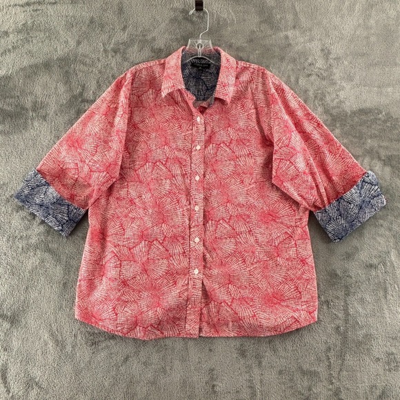 Foxcroft Shaped Fit Button‎ Shirt Womens 18 Contrast Cuff Orange Blue 3/4 Sleeve - Picture 1 of 9